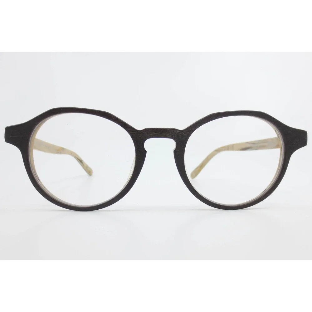 JINS MCF-17S-U205F 84 Round Eyeglasses Dark Wood Grain Marbled Tan Tokyo Design
